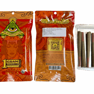 Cannabis pre-rolls packaging and contents displayed.
