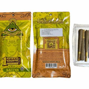 Cannabis pre-roll packaging and contents.