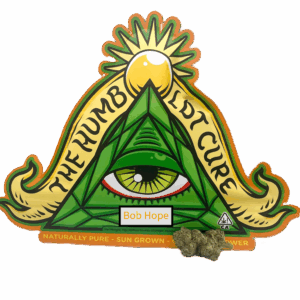 Green pyramid eye logo with cannabis buds.