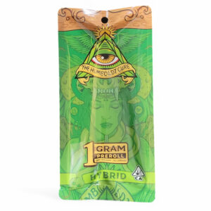 Green packaging with an eye pyramid design for 1 gram of flower product.