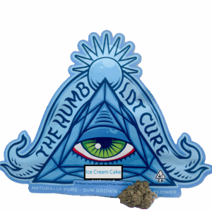 Blue eye pyramid logo with cannabis flower.