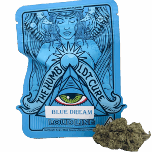 Blue Dream cannabis packaging with buds.
