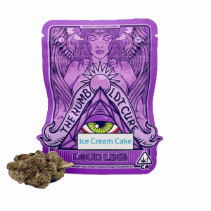 Purple cannabis packaging with artistic design and buds.
