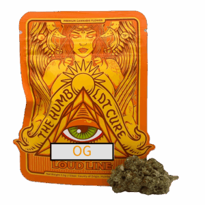 Orange cannabis packaging with design and buds.