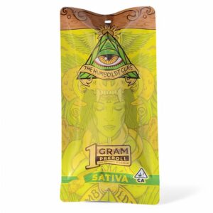 Colorful cannabis packaging with an all-seeing eye design and 'Sativa' label.