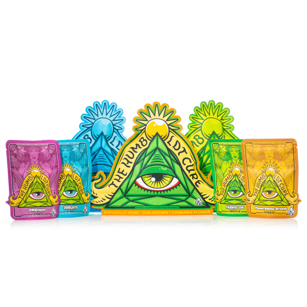 Colorful pyramid-shaped packaging featuring an all-seeing eye design.